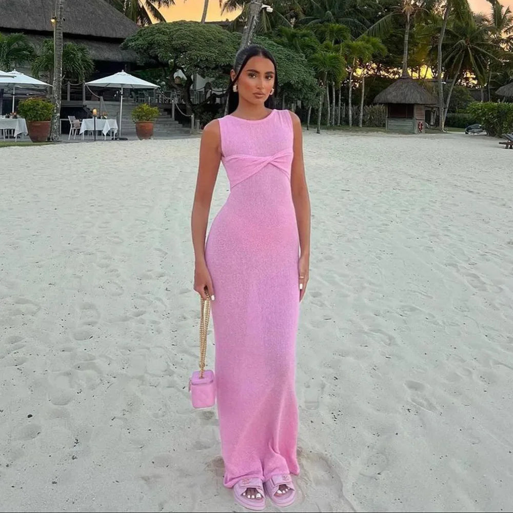 New Fashion Sexy Sleeveless Knitted O Neck Long Women Holiday Slim Fit Knit Beach Summer Maxi Dress Pink / S