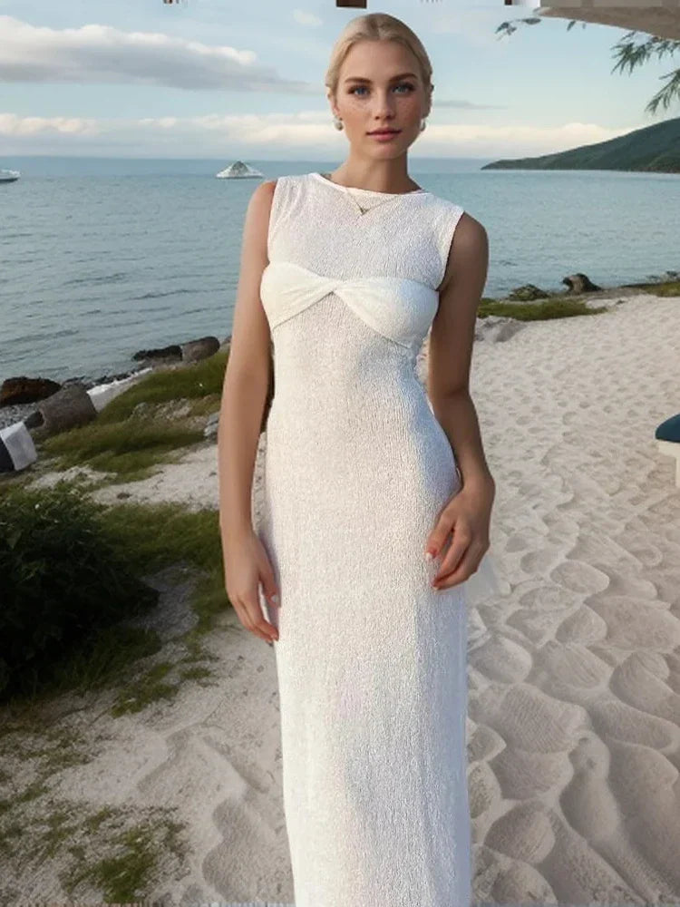 New Fashion Sexy Sleeveless Knitted O Neck Long Women Holiday Slim Fit Knit Beach Summer Maxi Dress White / S