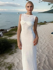 New Fashion Sexy Sleeveless Knitted O Neck Long Women Holiday Slim Fit Knit Beach Summer Maxi Dress White / S