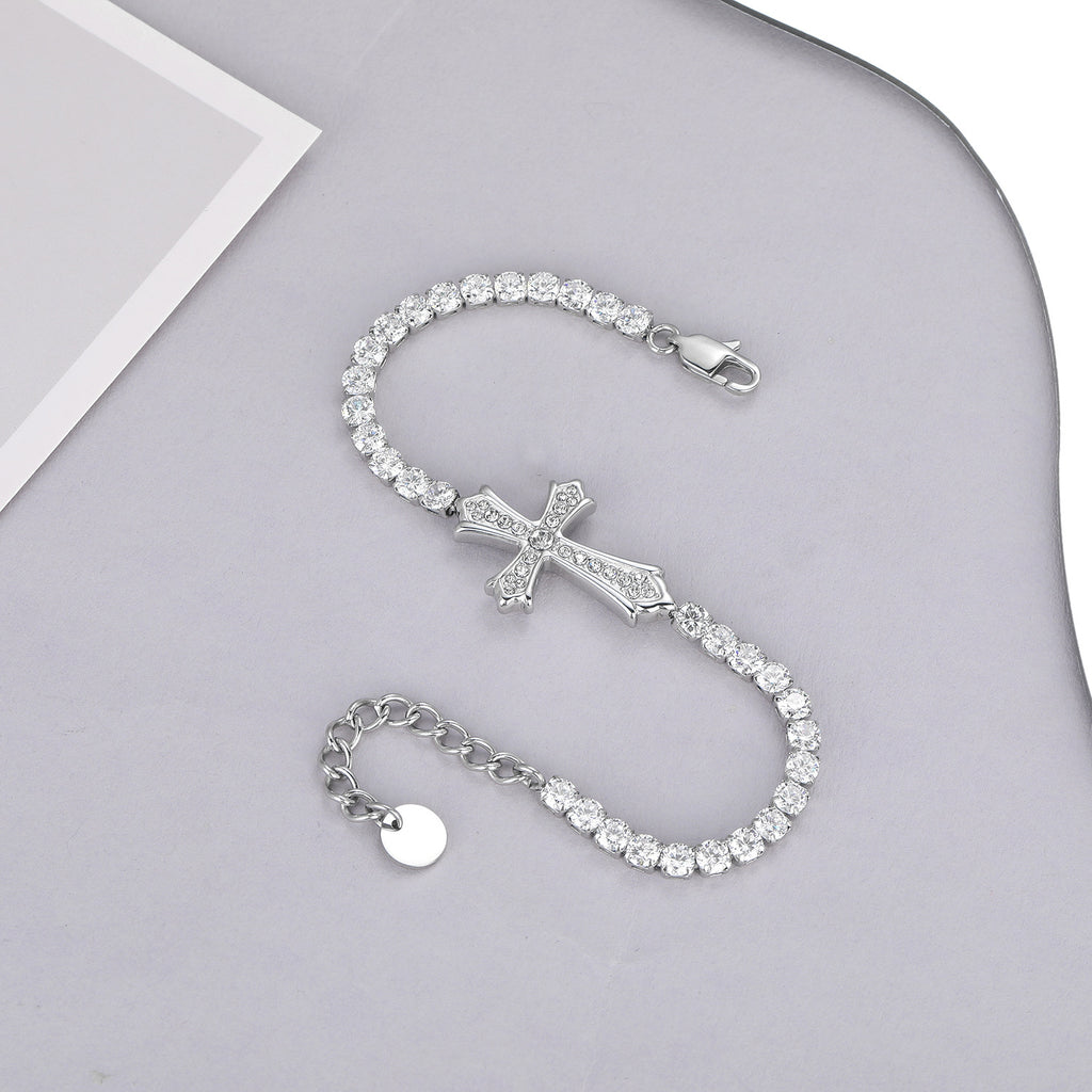 Sparkly Full Zircon Cross Titanium Steel Fadeless Chain Bracelet
