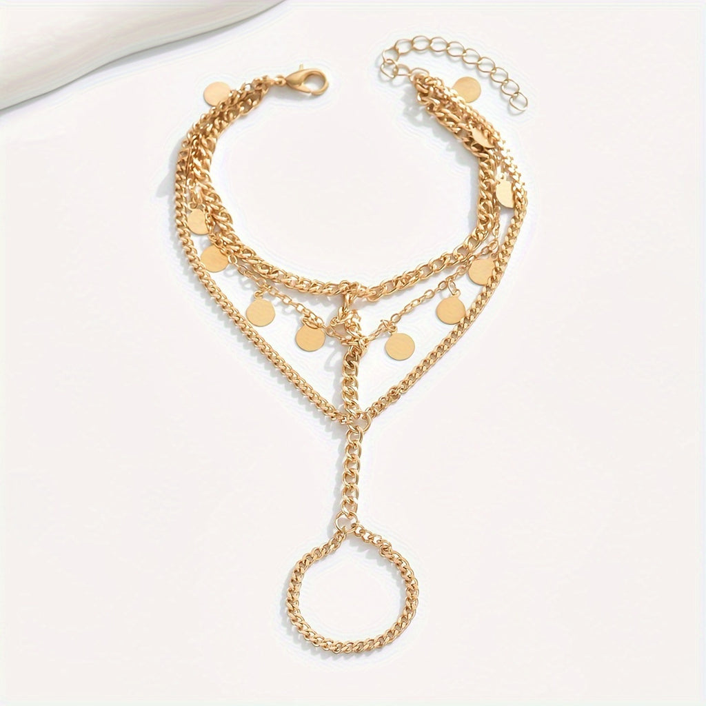 Layered Metal Disc and Chain Finger Bracelet