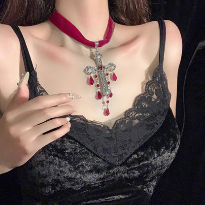 Gothic Blood Drop Tassel Cross Velvet Necklace