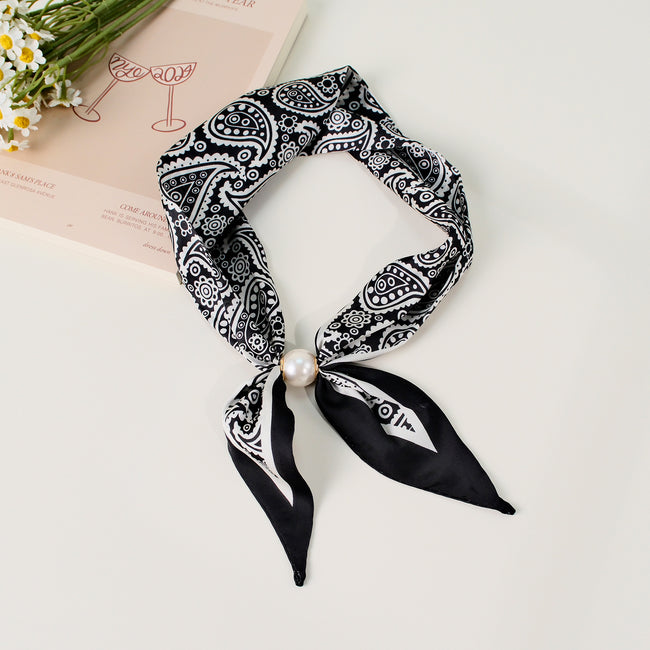 Pearl Magnetic Buckle Paisley Print Neck Ribbon Scarf Main image