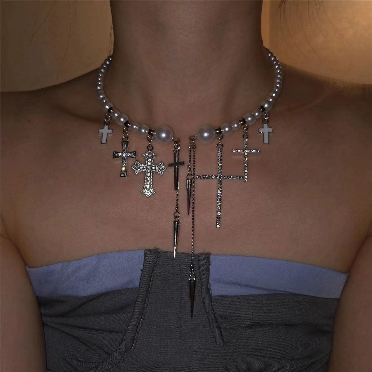 Trendy Cross Rivet Pearl Beaded Luxury Necklace