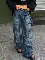 Distressed Washed Utility Multi Pocket Loose Jeans