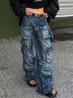 Distressed Washed Utility Multi Pocket Loose Jeans