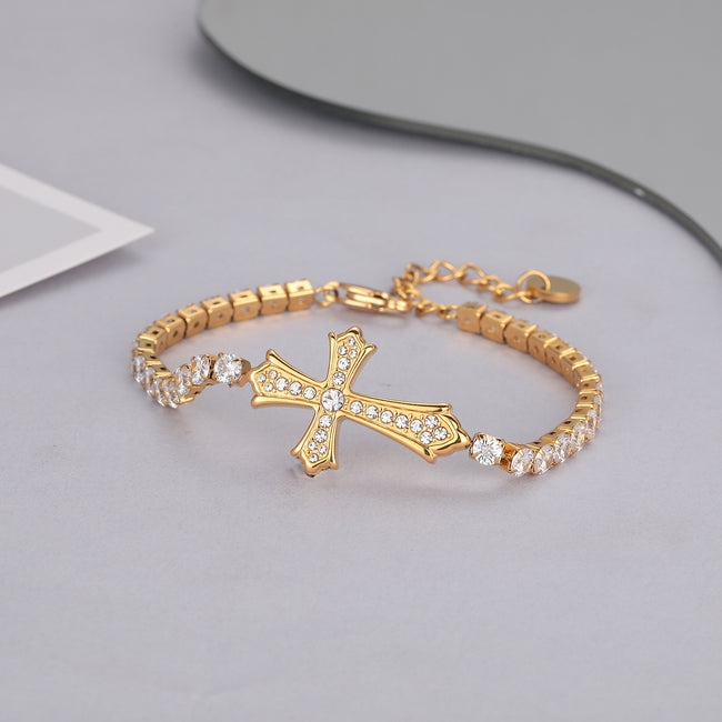 Sparkly Full Zircon Cross Titanium Steel Fadeless Chain Bracelet Main image
