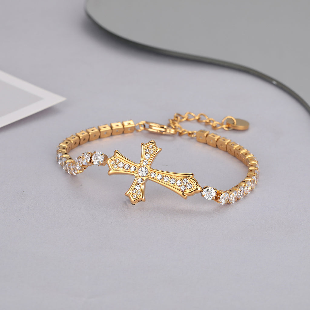 Sparkly Full Zircon Cross Titanium Steel Fadeless Chain Bracelet