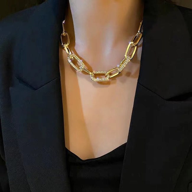 Chunky Curb Chain Crystal Accent Collar Necklace Main image
