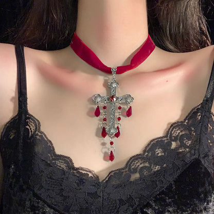 Gothic Blood Drop Tassel Cross Velvet Necklace