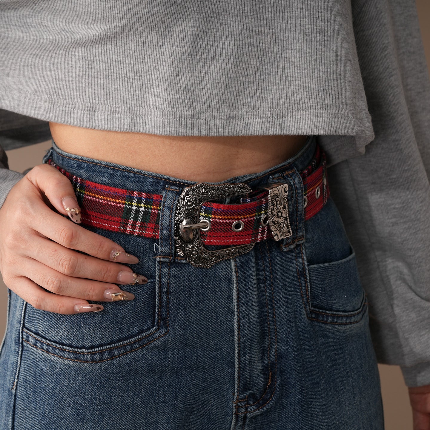 Distressed Denim Pattern Metal Belt Secondary image