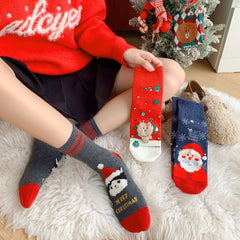 Cartoon Moose Santa Mid-Calf Crew Straight Christmas Socks