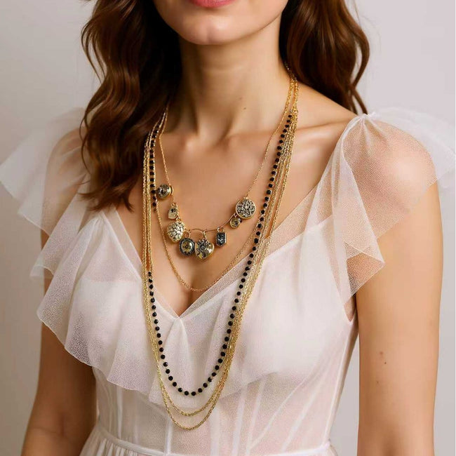 Layered Bead Chain Geometric Charm Statement Necklace Main image