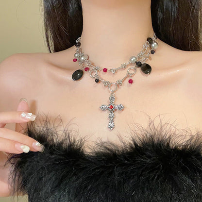 Layered Dark Punk Cross Beaded Personality Necklace