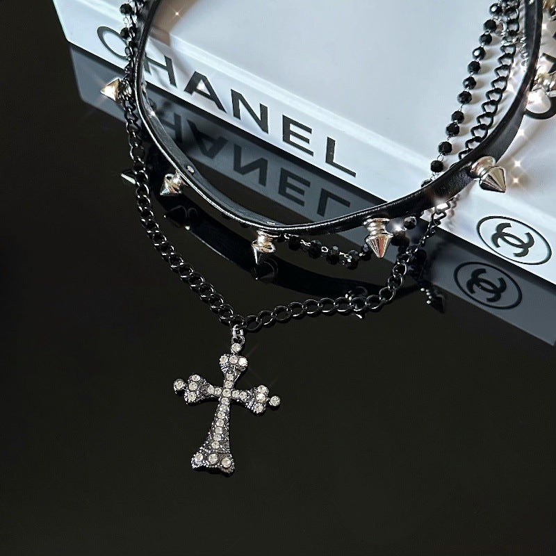 Dark Leather Rivet Double Layer Cross Necklace