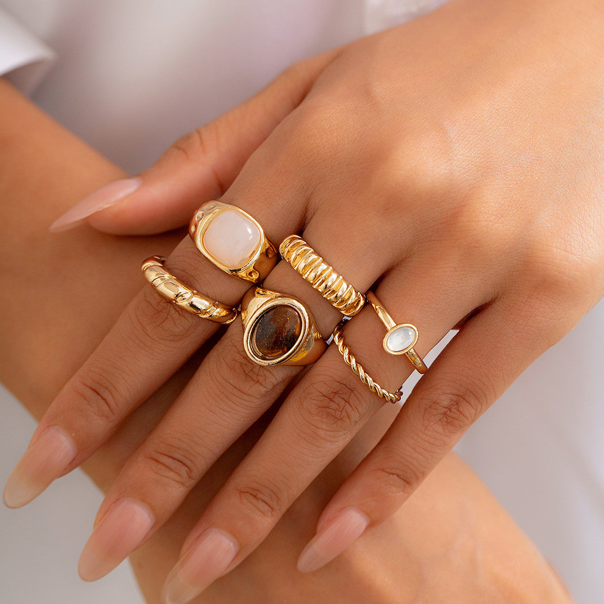 6-Piece Irregular Gemstone Metal Ring Set Main image