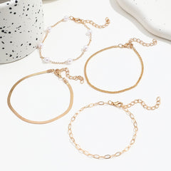 4-Piece Bohemian Paperclip Faux Pearl Snake Chain Bracelet Set