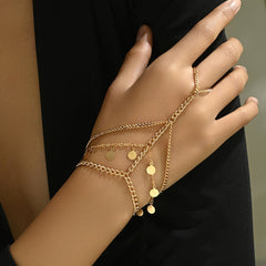 Layered Metal Disc and Chain Finger Bracelet