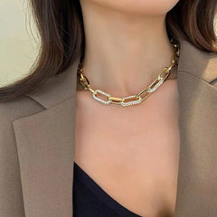 Chunky Curb Chain Crystal Accent Collar Necklace