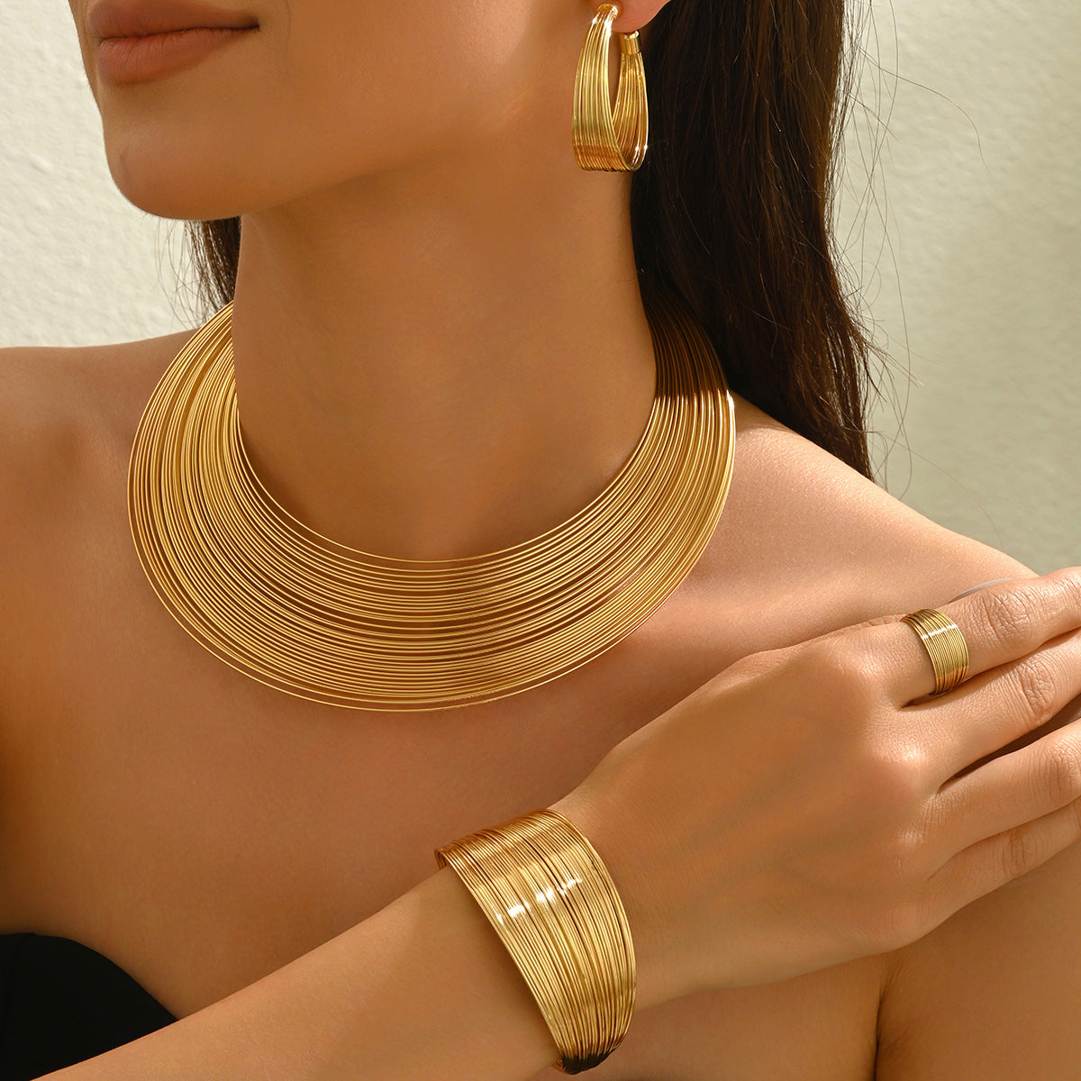 5 Piece Multi Layer Metal Bracelet, Ring, Earrings & Necklace Set Secondary image