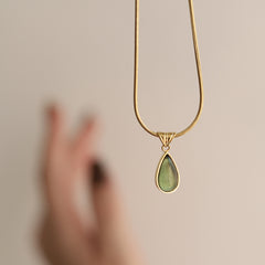 Aqua Teardrop Pendant Titanium Steel Gold Plated Necklace