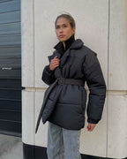 Tie Waist Cotton V-Neck Puffer Jacket S / Black