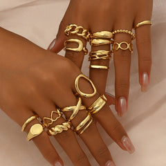 16-Piece Geometric Heart Open Ring Set