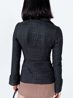 Black Lapel Waist Cinched Flare Sleeve Blouse