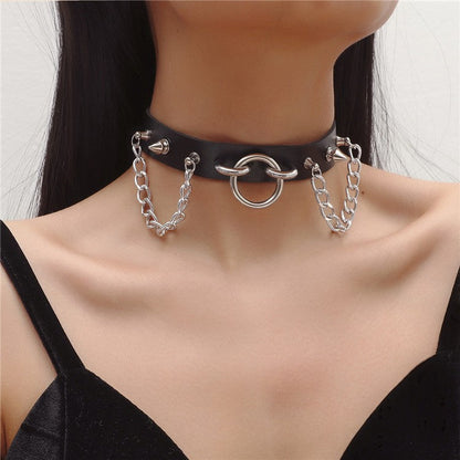 Personality PU Chain Rivet O-ring Necklace