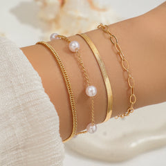 4-Piece Bohemian Paperclip Faux Pearl Snake Chain Bracelet Set