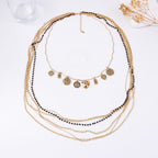 Layered Bead Chain Geometric Charm Statement Necklace
