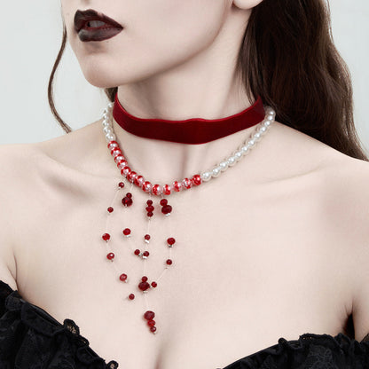 Velvet Blood Drip Tassel Crystal Choker Necklace