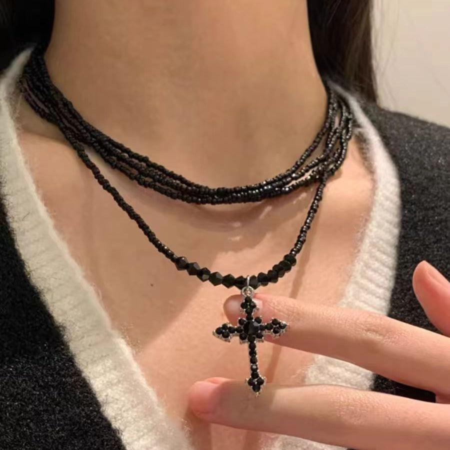 Dark Princess Cross Layered Beaded Personality Necklace