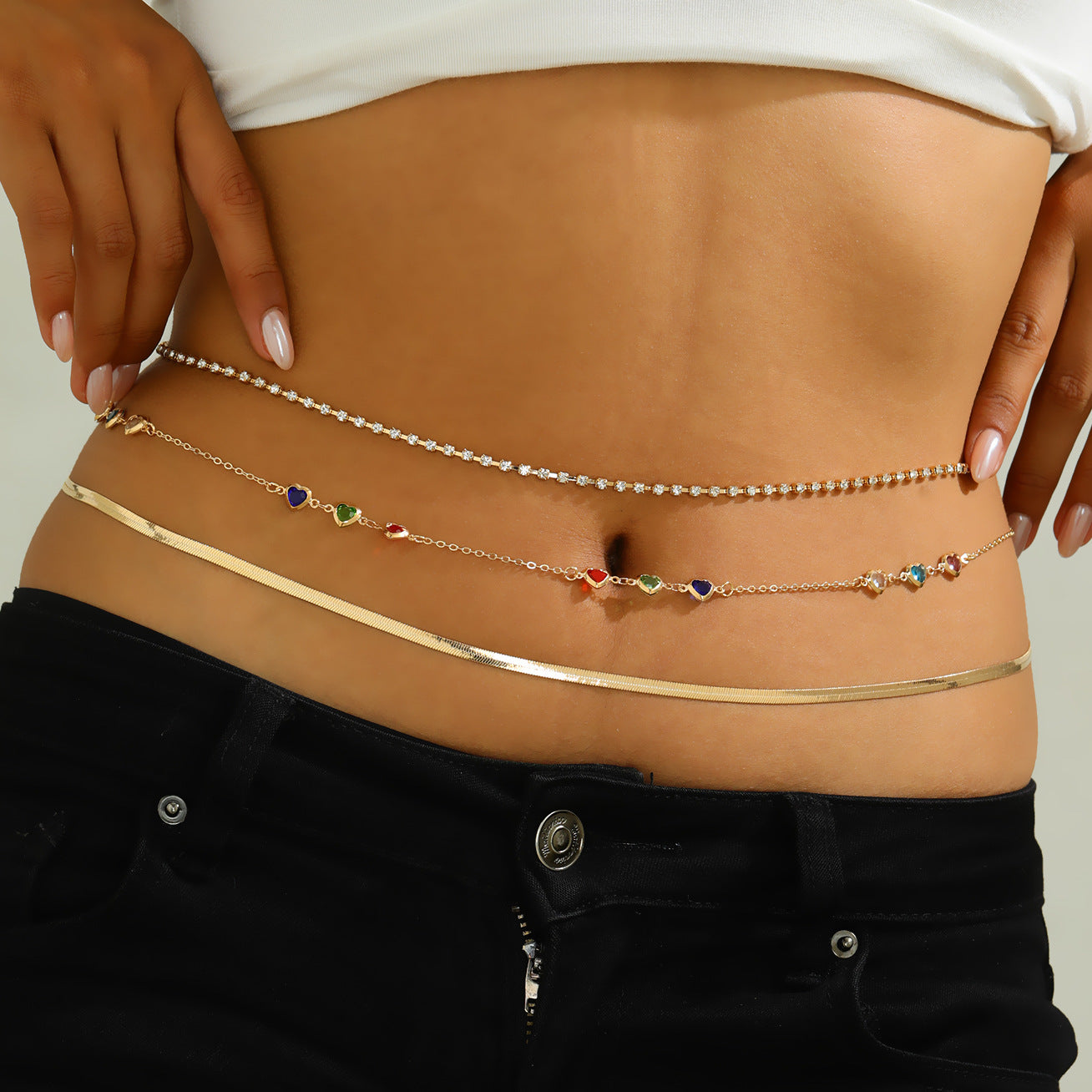 Layered Rhinestone Heart Color Waist Chain Set Secondary image