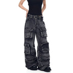 Distressed Washed Utility Multi Pocket Loose Jeans