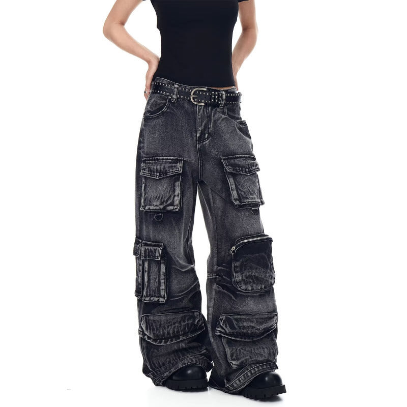 Distressed Washed Utility Multi Pocket Loose Jeans