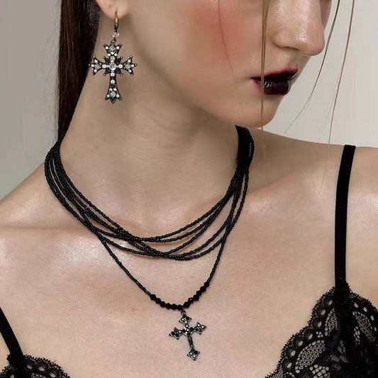 Retro Layered Cross Punk Sweet Beaded Cool Necklace