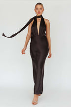 Plunging Halter Scarf Open Back Cocktail Dress