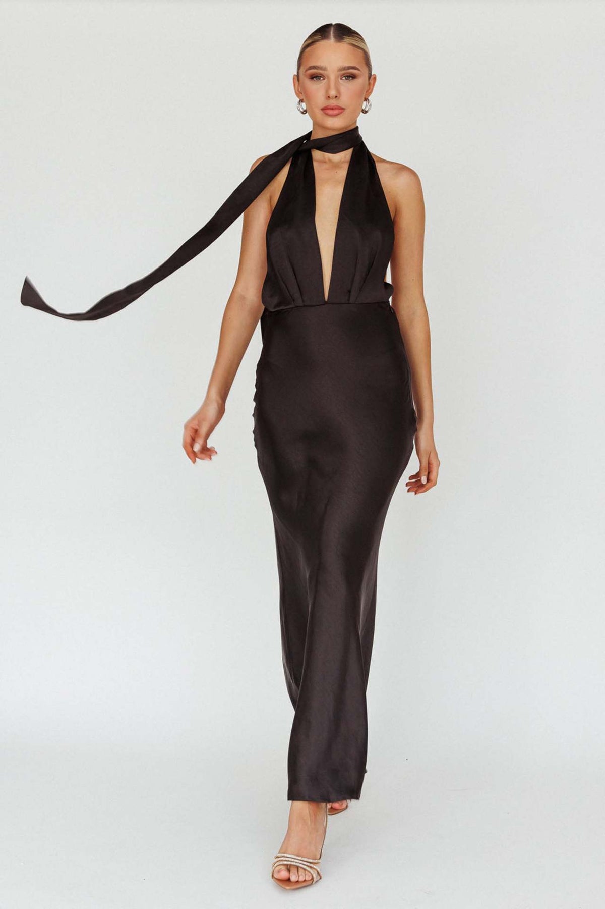 Plunging Halter Scarf Open Back Cocktail Dress