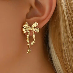 Elegant Golden Bow Dangle Earrings