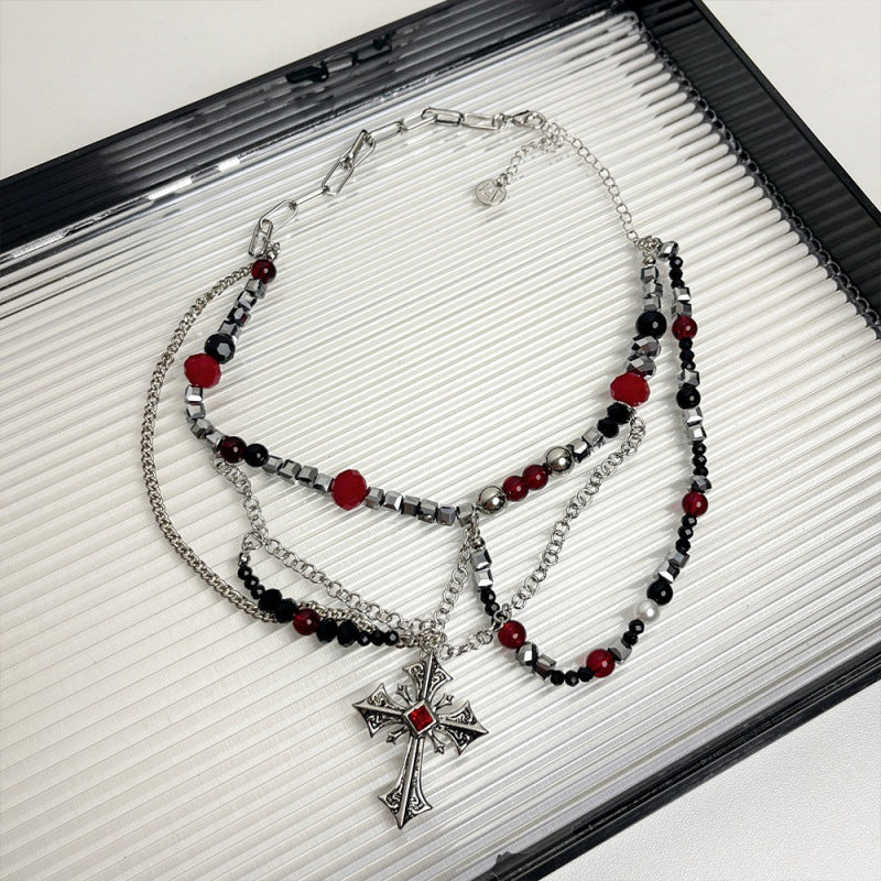 Layered Dark Punk Cross Beaded Personality Necklace