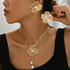 3 Piece Flower Pearl Earrings & Necklace Set