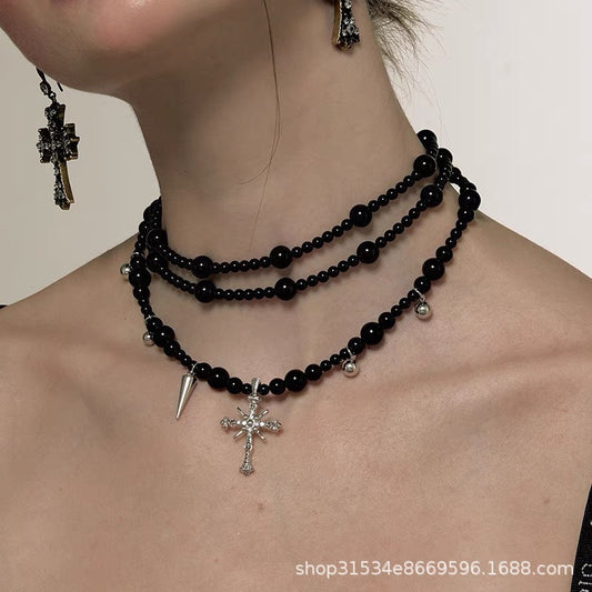 Multi-Layer Beaded Gothic Cross Sweater Necklace