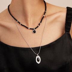 Long Black Agate Bead Statement Necklace