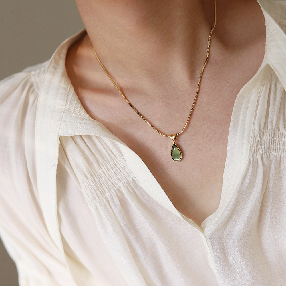Aqua Teardrop Pendant Titanium Steel Gold Plated Necklace Secondary image