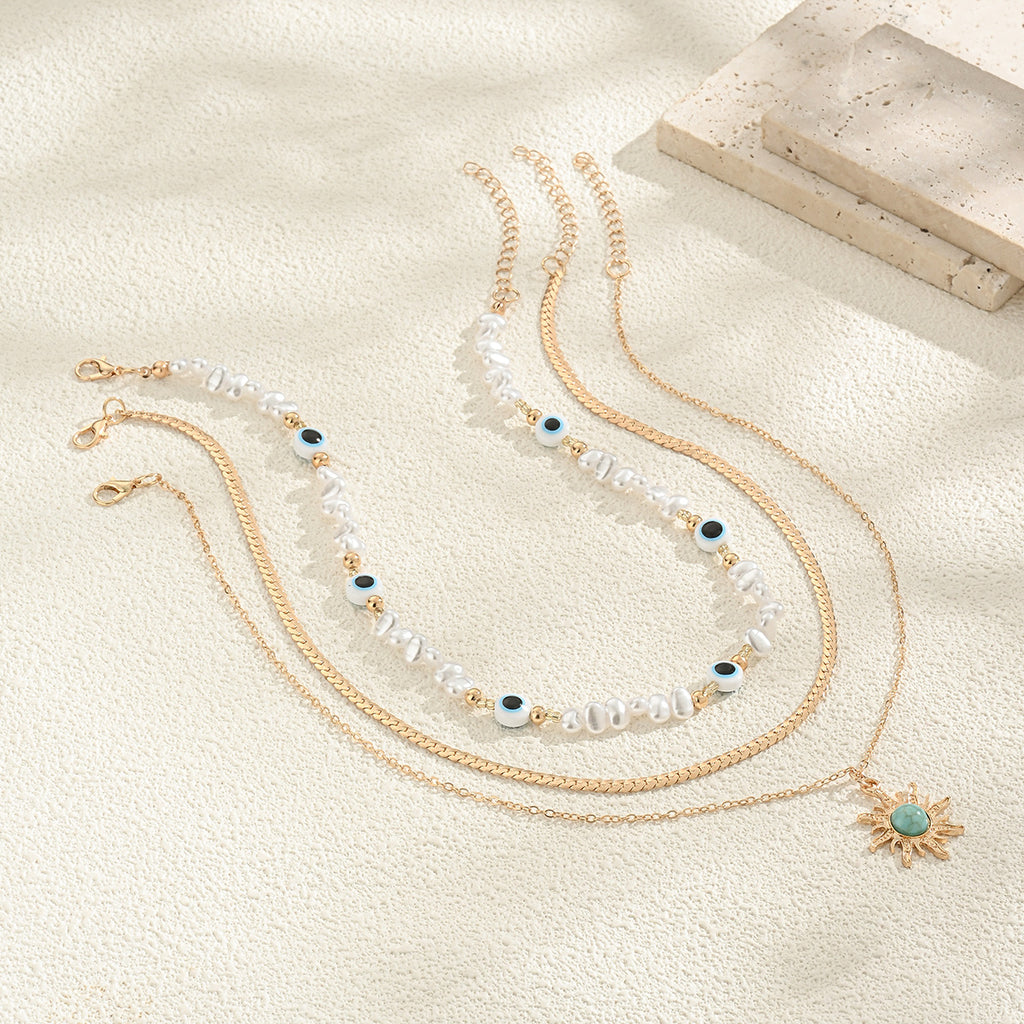 Long Pearl Octagram Star Pendant Layered Necklace