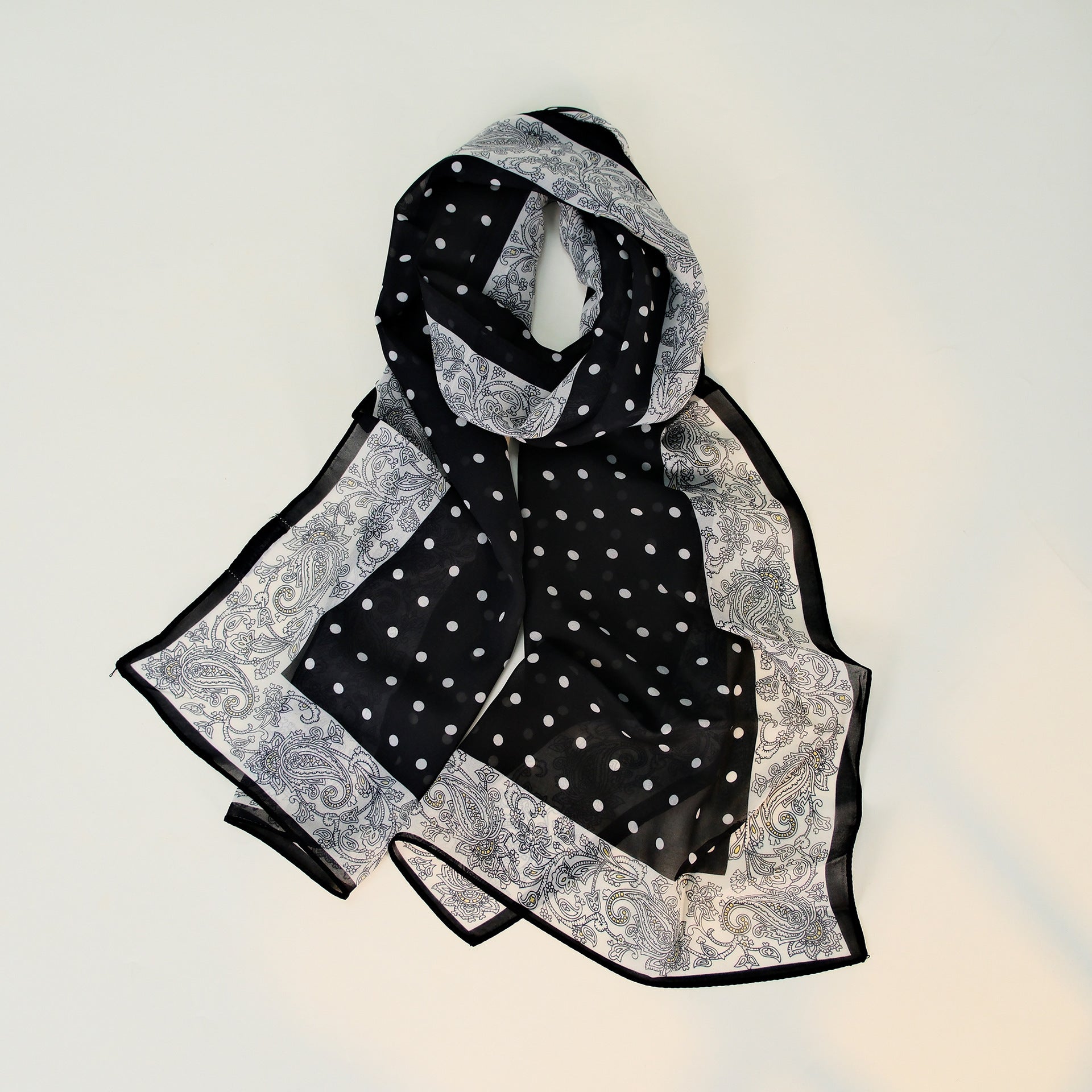 Black White Paisley Polka Dot Long Chiffon Scarf Main image