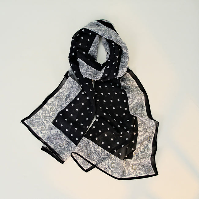Black White Paisley Polka Dot Long Chiffon Scarf Main image