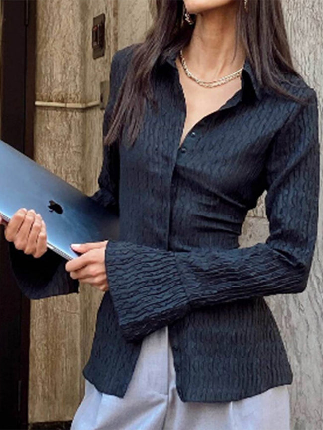 Black Lapel Waist Cinched Flare Sleeve Blouse Main image
