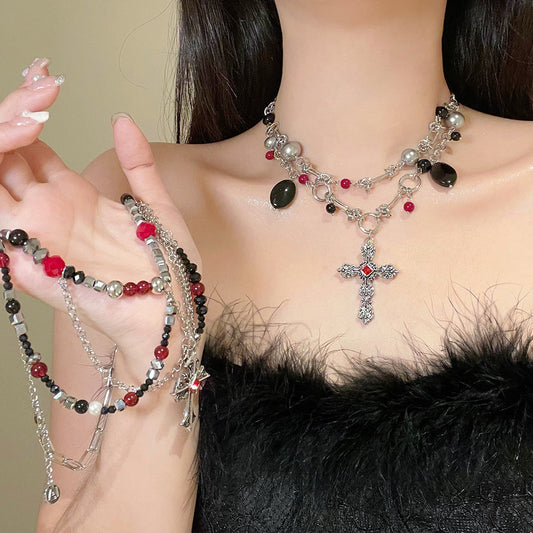 Layered Dark Punk Cross Beaded Personality Necklace